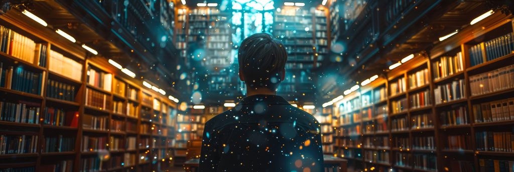 Person standing in a grand library with illuminated magical particles. Man gazing into a starry library abyss. Magical books and cosmic wonder. Concept of literature's magic, universe of knowledge