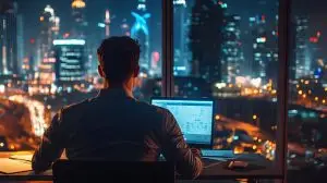 Photo Businessman Working Late Night Office City View