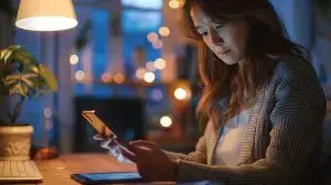 portrait of an attractive smiling woman in her office, holding a phone and looking at the camera