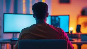 Programmer working from home office on desktop computer at night