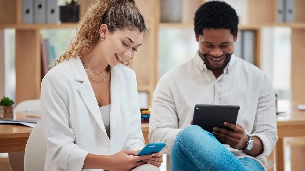 Technology,,Communication,And,Networking,With,A,Business,Man,And,Woman