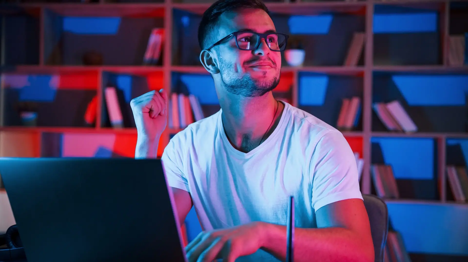 Positive,Emotions.,Man,In,Glasses,And,White,Shirt,Is,Sitting