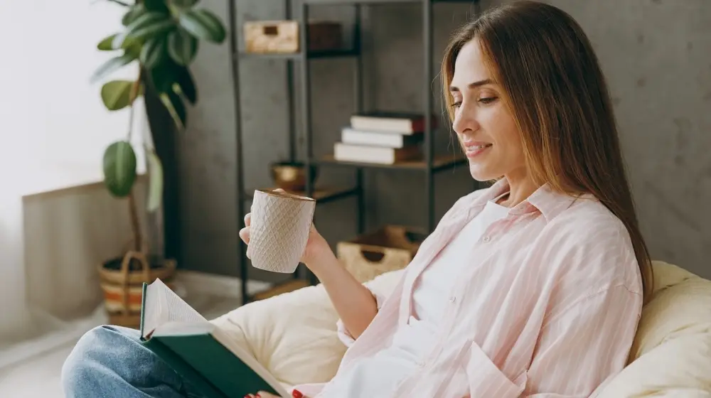 Side,View,Young,Happy,Calm,Woman,Wear,Casual,Clothes,Sits