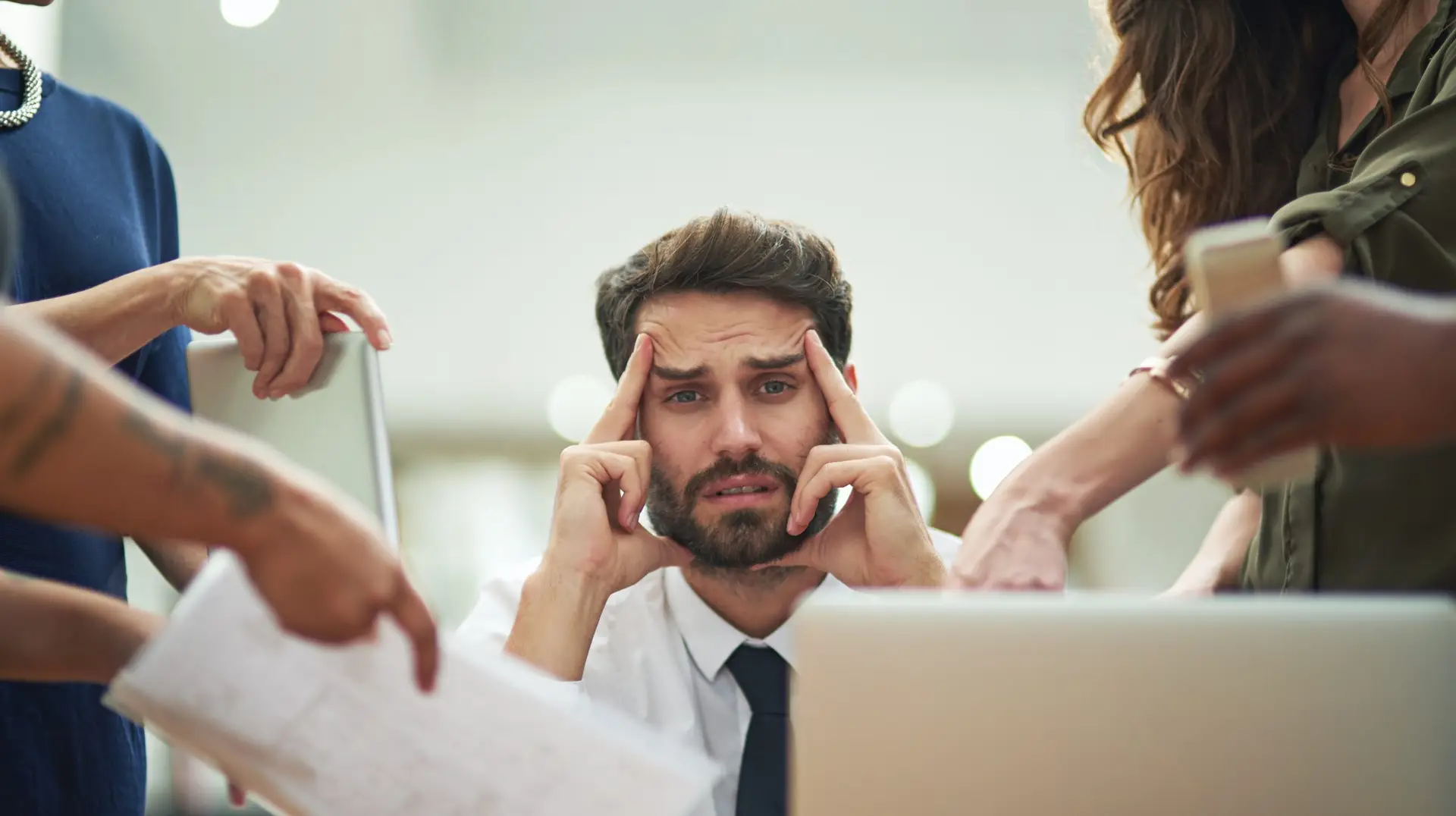 Stress,,Chaos,And,Business,Man,With,Headache,For,Documents,,Report