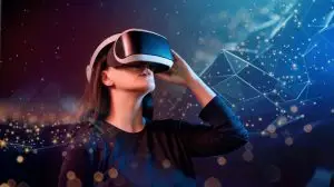Metaverse,Technology,Concept.,Woman,With,Vr,Virtual,Reality,Goggles.,Futuristic