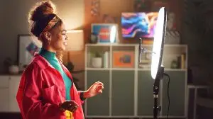 Happy,Woman,,Influencer,And,Video,Recording,With,Ring,Light,For