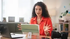 Happy,Woman,,Influencer,Or,Video,Call,With,Tablet,For,Recording,