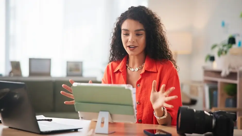 Happy,Woman,,Influencer,Or,Video,Call,With,Tablet,For,Recording,