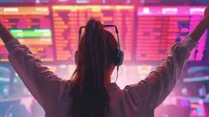 A startup founder celebrating a successful stock market launch with their team in a high-energy office.