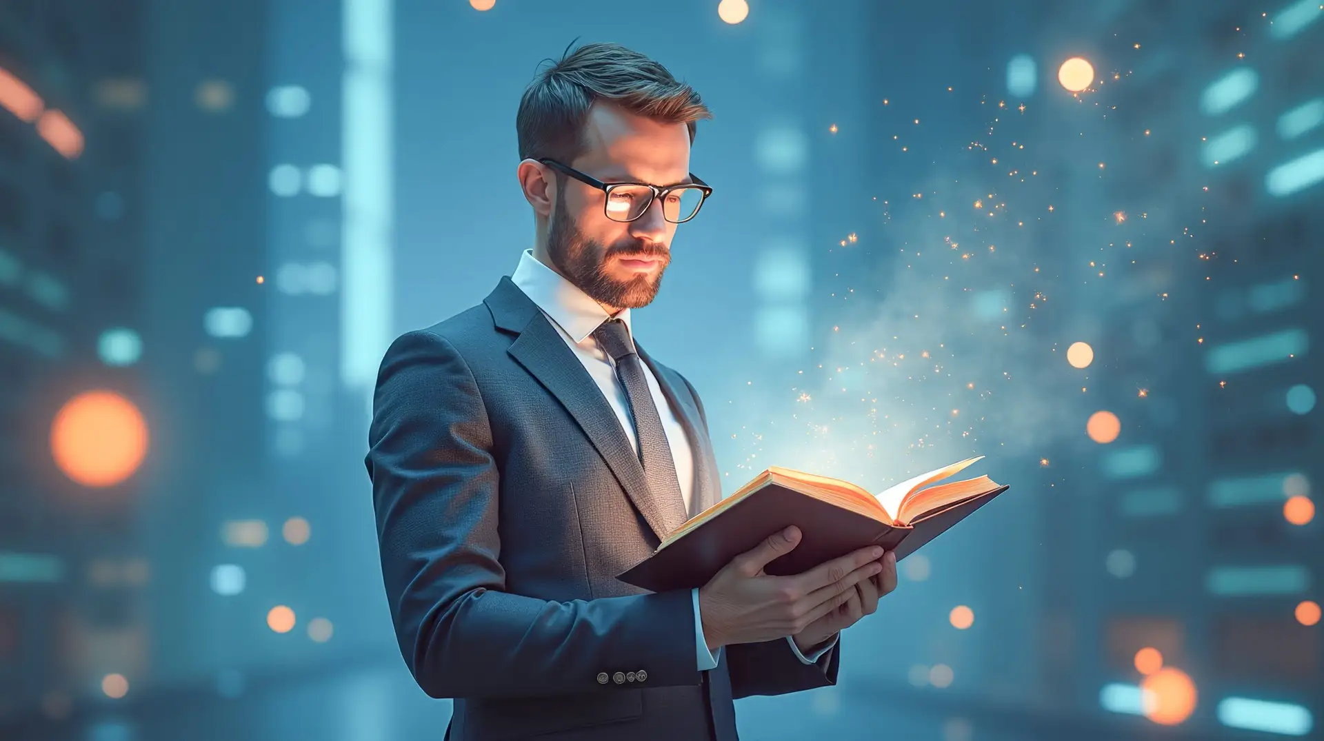 A thinking businessman reads a book in an abstract virtual reality