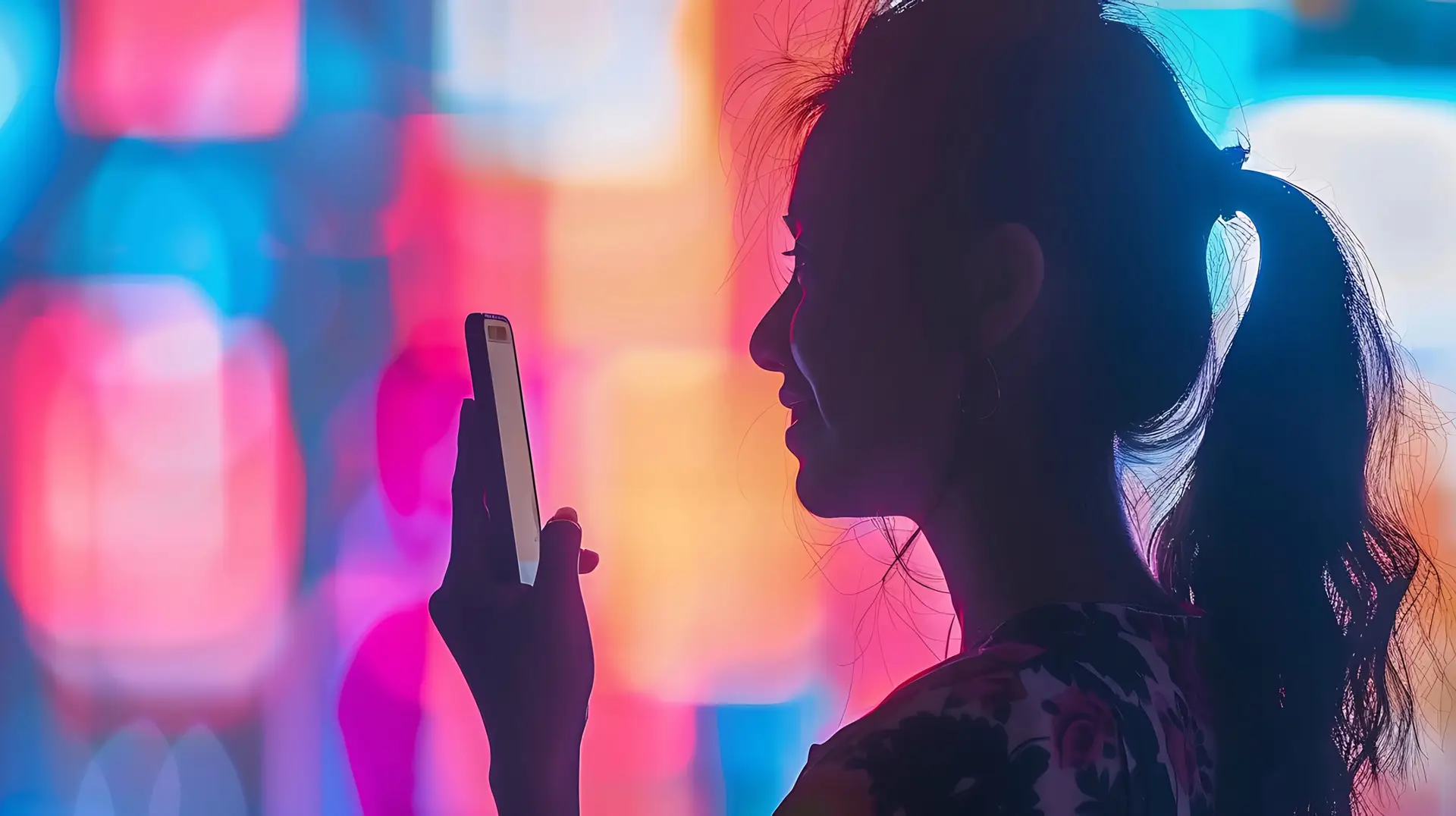 woman-holds-phone-front-colorful-light