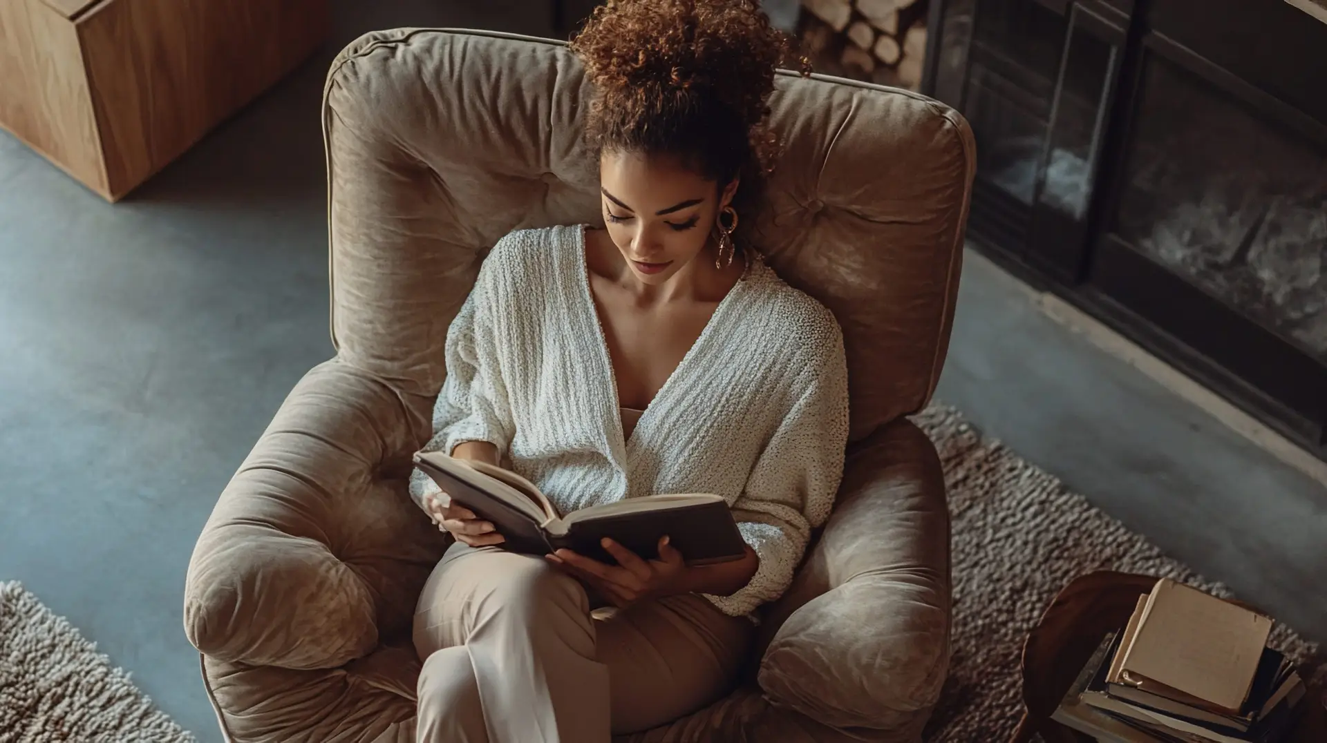 Woman reading a book in a cozy living room with a fireplace and natural decor