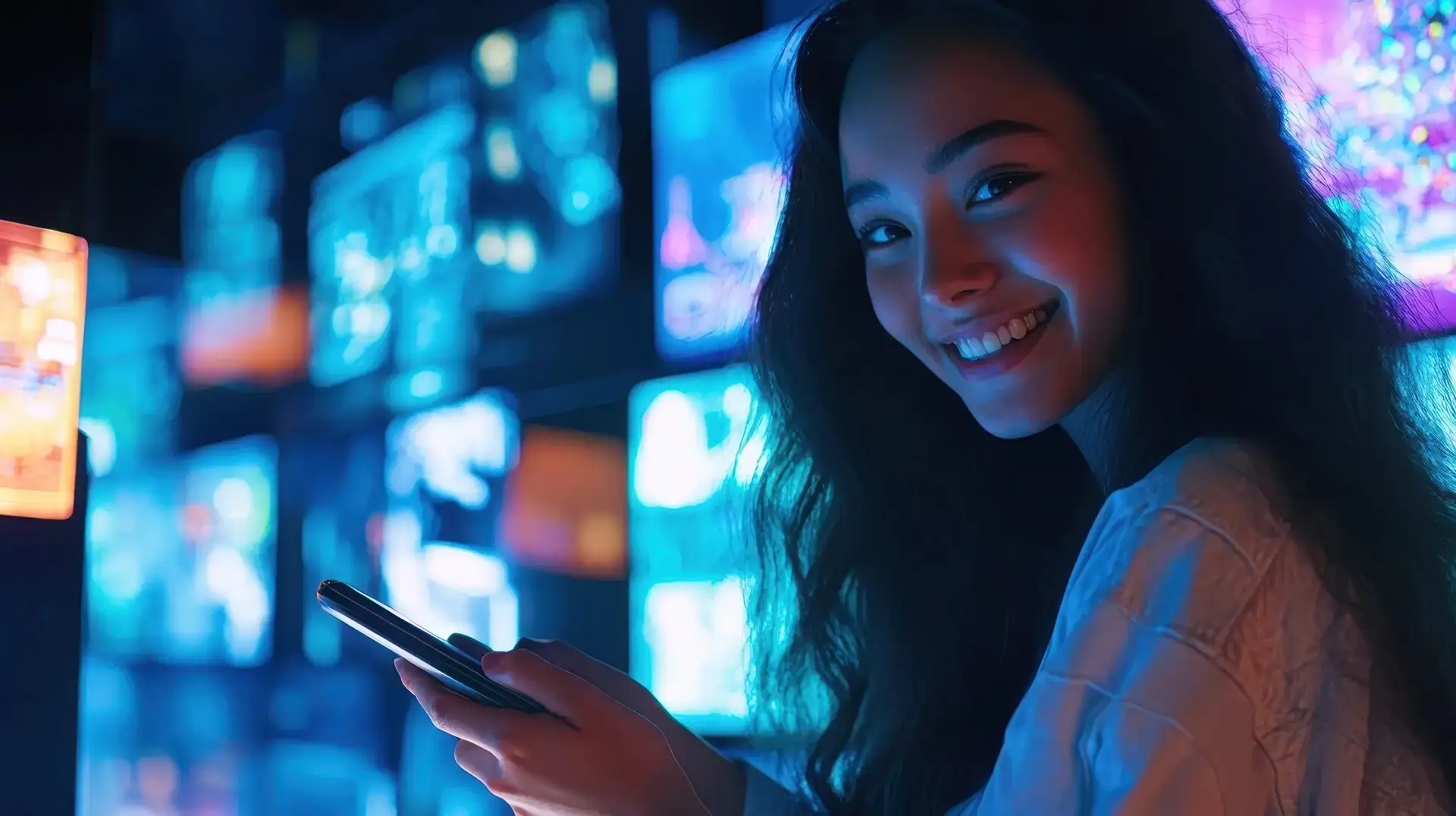 Woman using smartphone surrounded by digital screens