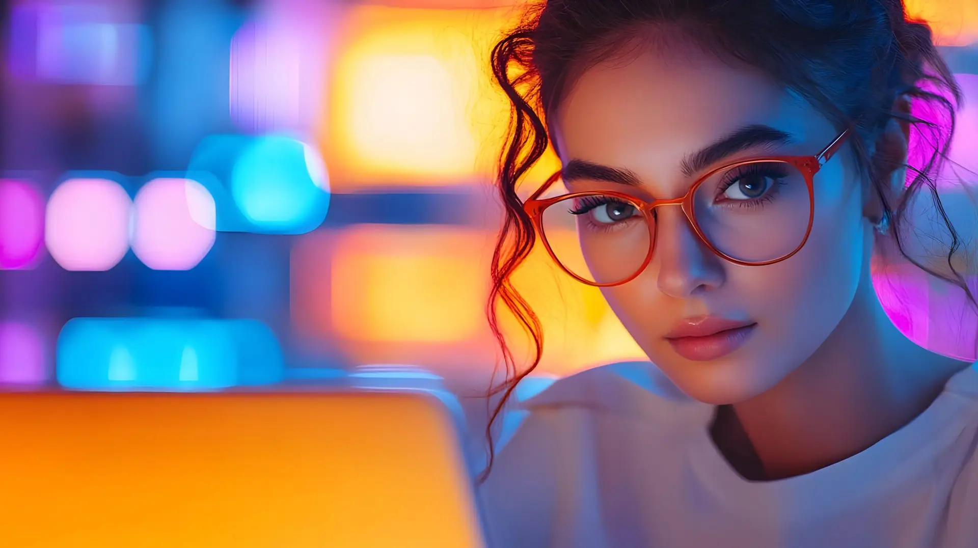 Woman with Glasses and Neon Lights Photo