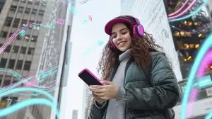 A young person engrossed in their smartphone, surrounded by holographic digital icons