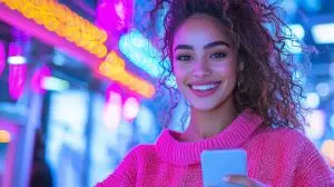 Young woman smiling while holding a smartphone in a vibrant neon-lit urban setting
