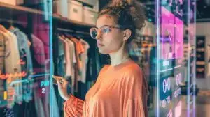 Young woman uses her smartphone surrounded by stylish clothes in a chic wardrobe AIG62