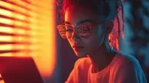A young woman with glasses working on a laptop in warm lighting.