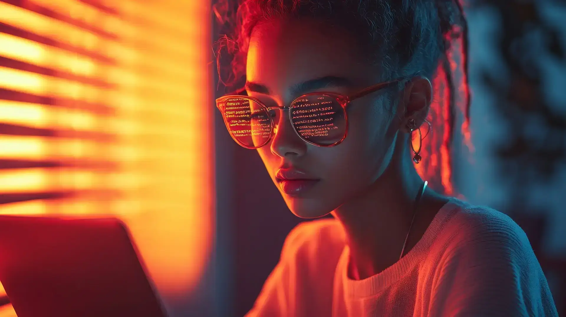 A young woman with glasses working on a laptop in warm lighting.