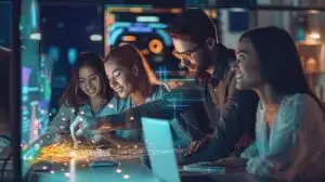Young woman working on laptop in a dynamic office environment with digital data charts floating around her.