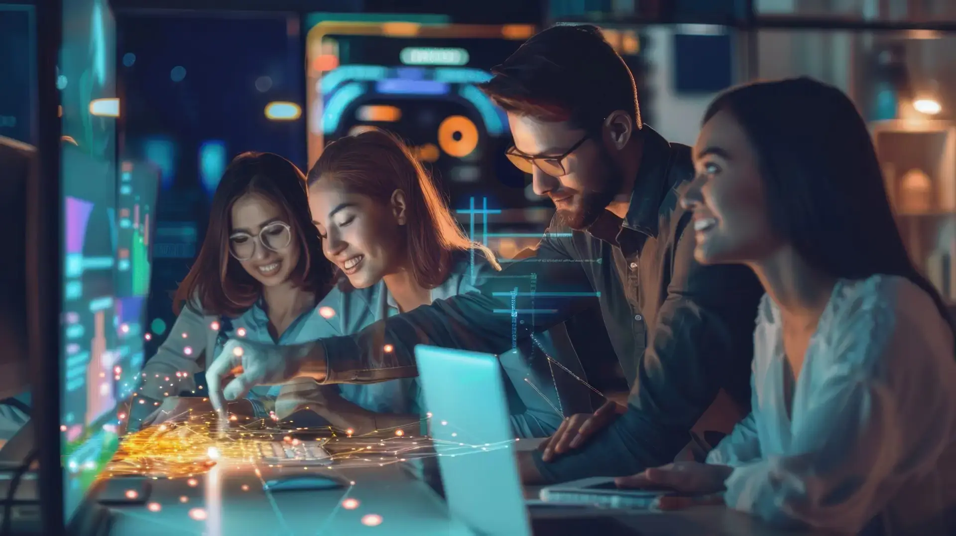 Young woman working on laptop in a dynamic office environment with digital data charts floating around her.