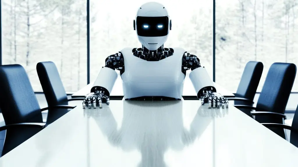 Robot sitting behind a table in an office environment