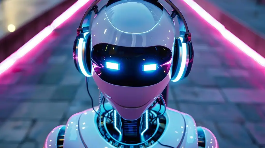 A futuristic robot with AI-powered glowing neon eyes and headphones. Concept Futuristic Technology, Robot Design, AI Integration, Neon Lighting, Headphone Accessories