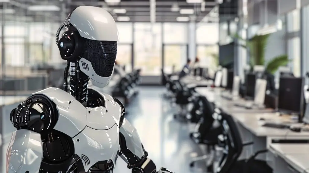A white and black robot stands in a modern office, showcasing the potential of AI technology in the future of work