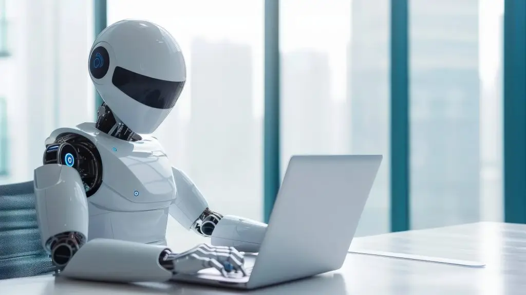Robot humanoid use laptop working in office with future technology.