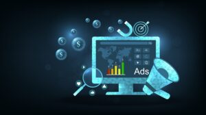 Graphic of a computer illustrating ad performance fluctuating
