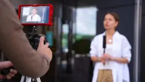 An entrepreneur is recording a video to post on YouTube to help draw customers to her business.