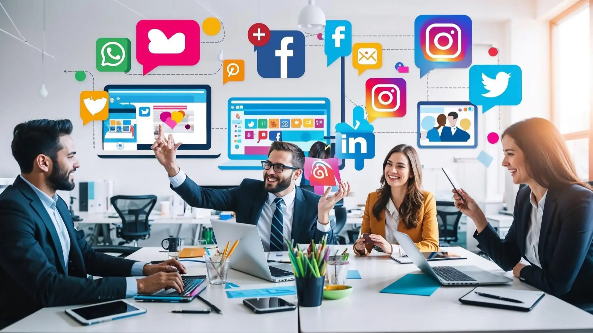 A corporate meeting is taking place with co-workers surrounded by social media icons.