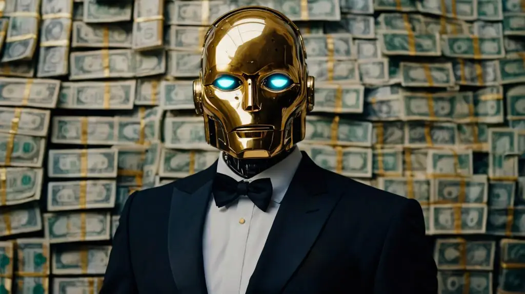 Robot in a tuxedo standing in front of a wall of money
