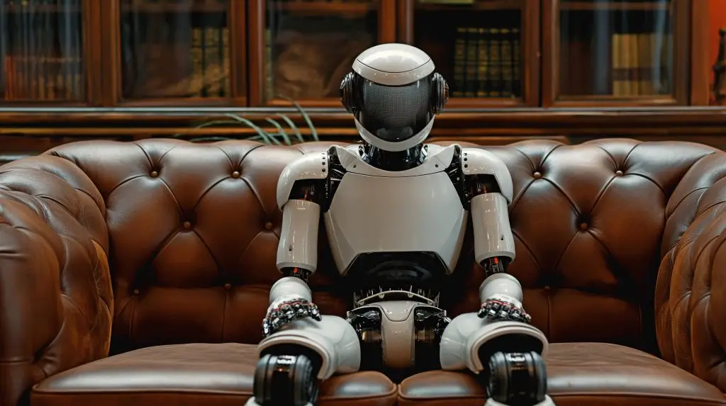 Business robot seated on a leather couch