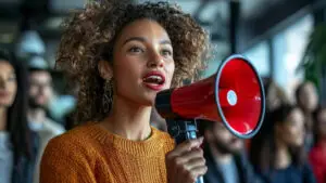 A woman is holding a megaphone in a crowd and speaking.