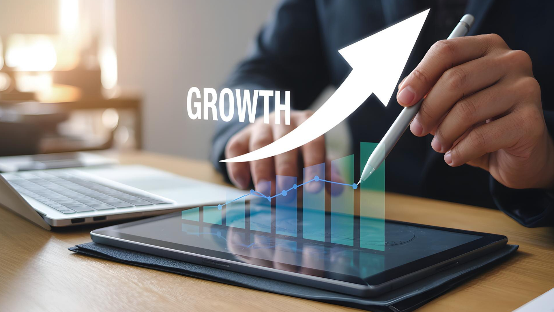 A person is working on a tablet with a chart popping out showing the growth.