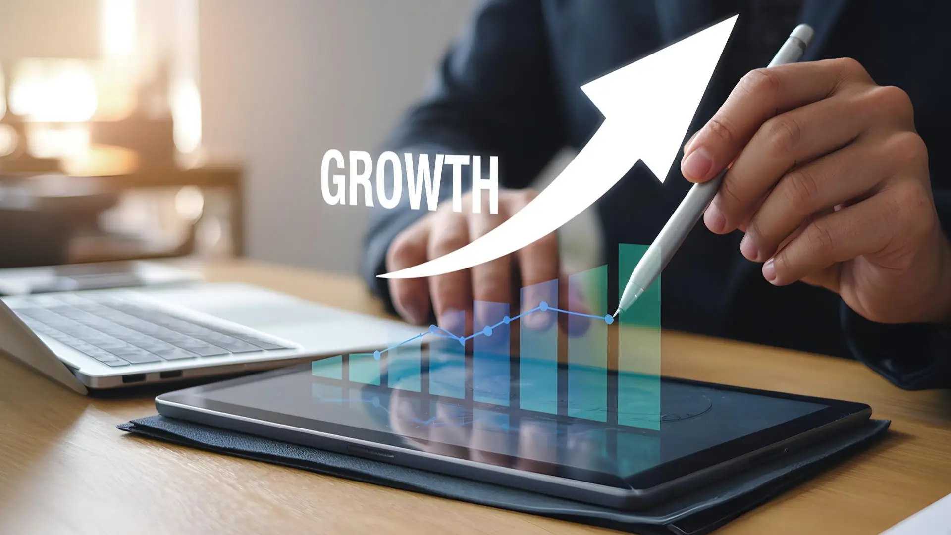 A person is working on a tablet with a chart popping out showing the growth.