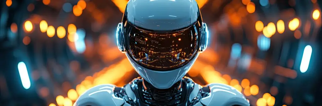 Close-up of a futuristic robot, sleek design, glowing lights.  Technological background.