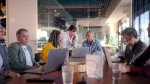 marketing team discussing trending topics