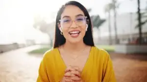 woman with airpods talking to someone