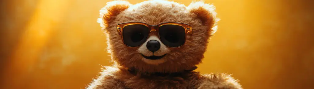 teddy bear with sunglasses thinking about info product news