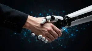 Human hand shaking a robot's hand, signifying a human doing business with AI or building a solo AI business