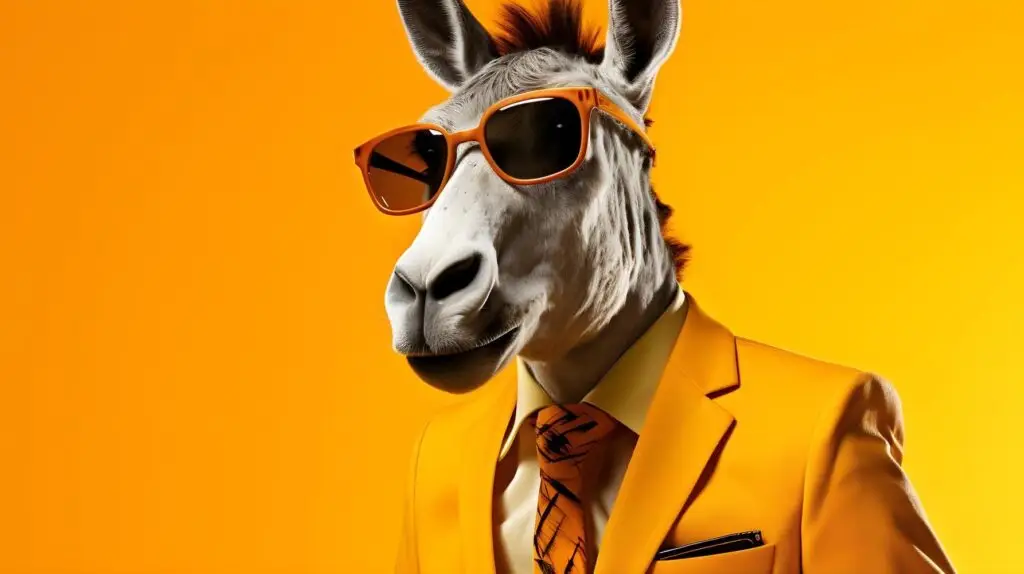 Donkey in sunglasses wearing a suit