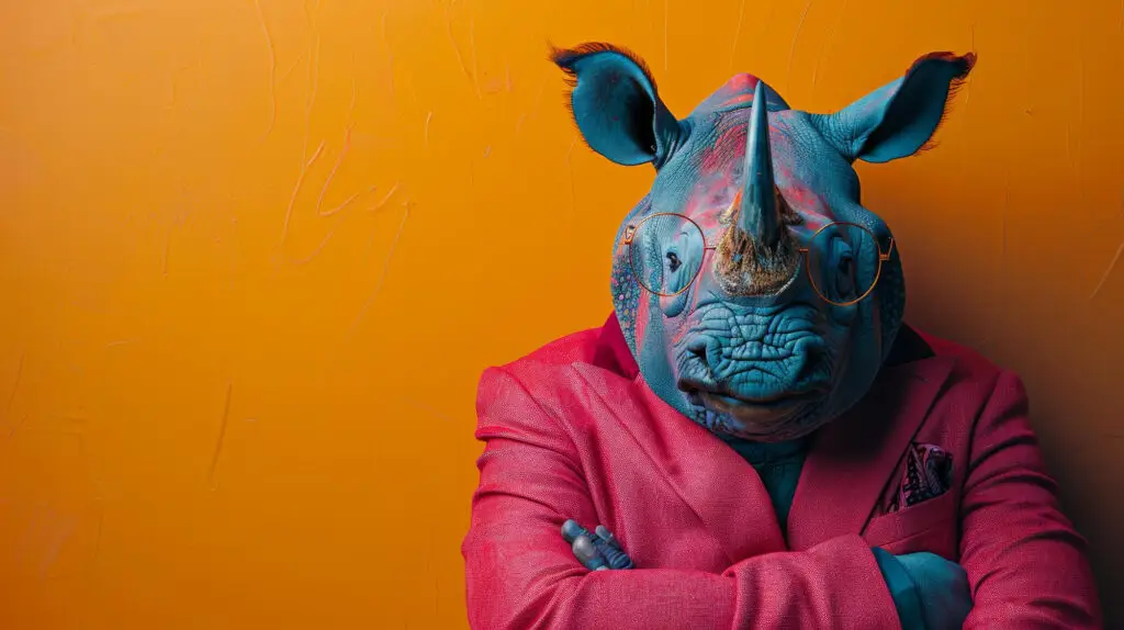 Smart rhino in a jacket and glasses