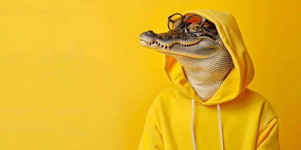 Crocodile in a hoodie wearing glasses