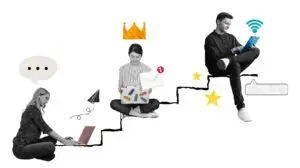 Marketers sitting on a drawn stairway, implying marketing growth