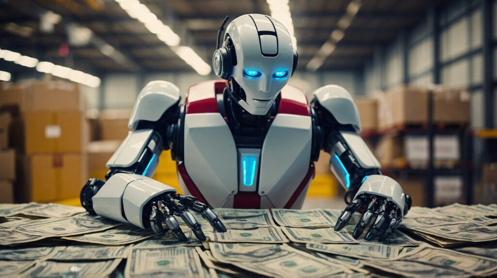 Robot sitting with a pile of cash spread out on the table