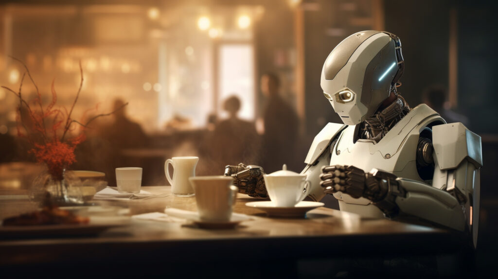 A robot sitting at a coffeeshop, working like a human