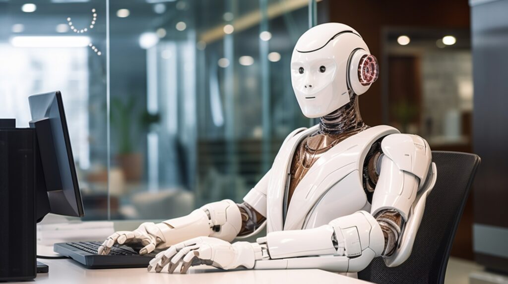 Robot working at a computer desk