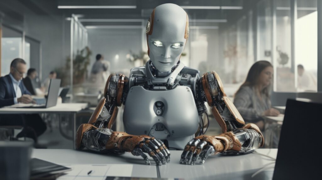 Robot working in an office along with human businesspeople